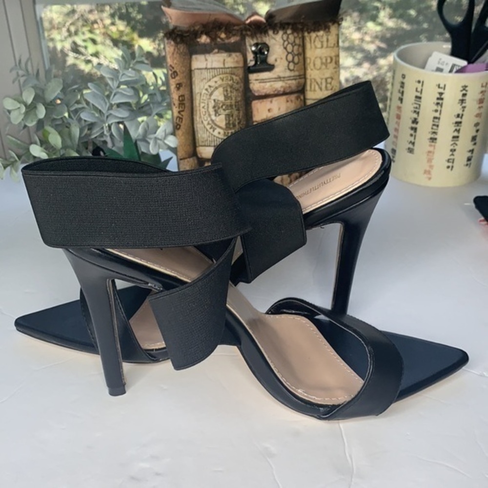 Prettylittlething criss-cross black stiletto heals